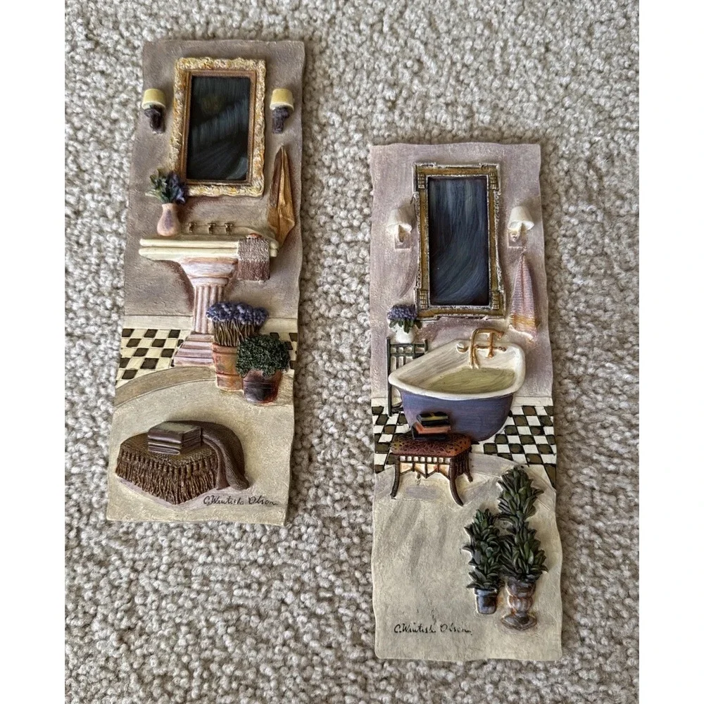 Vintage C. Winterle Olson 3D Bathroom Wall Art Plaque Set 1990s Relief Decor